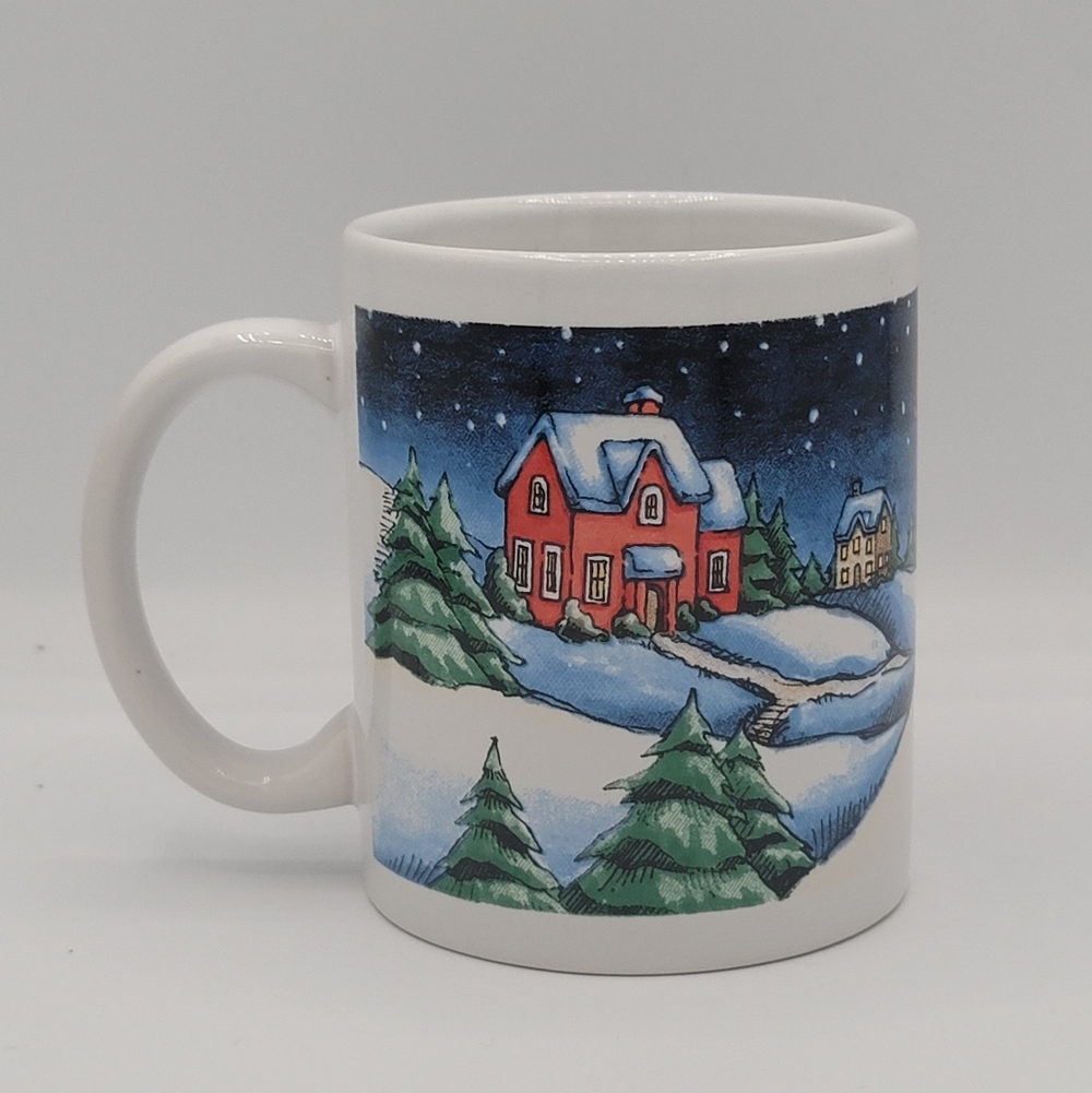 MerryBrite Christmas Village Cardinal Sleigh Snow Scene Coffee Mug Kohl's Vtg